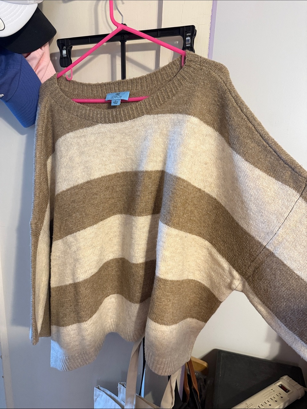 CeCe Wide Striped Scoopneck Sweater in Cream and Brown